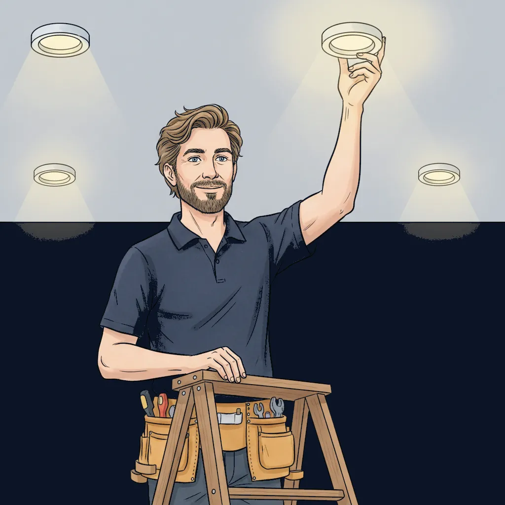 Electrician installing LED downlights in a kitchen ceiling